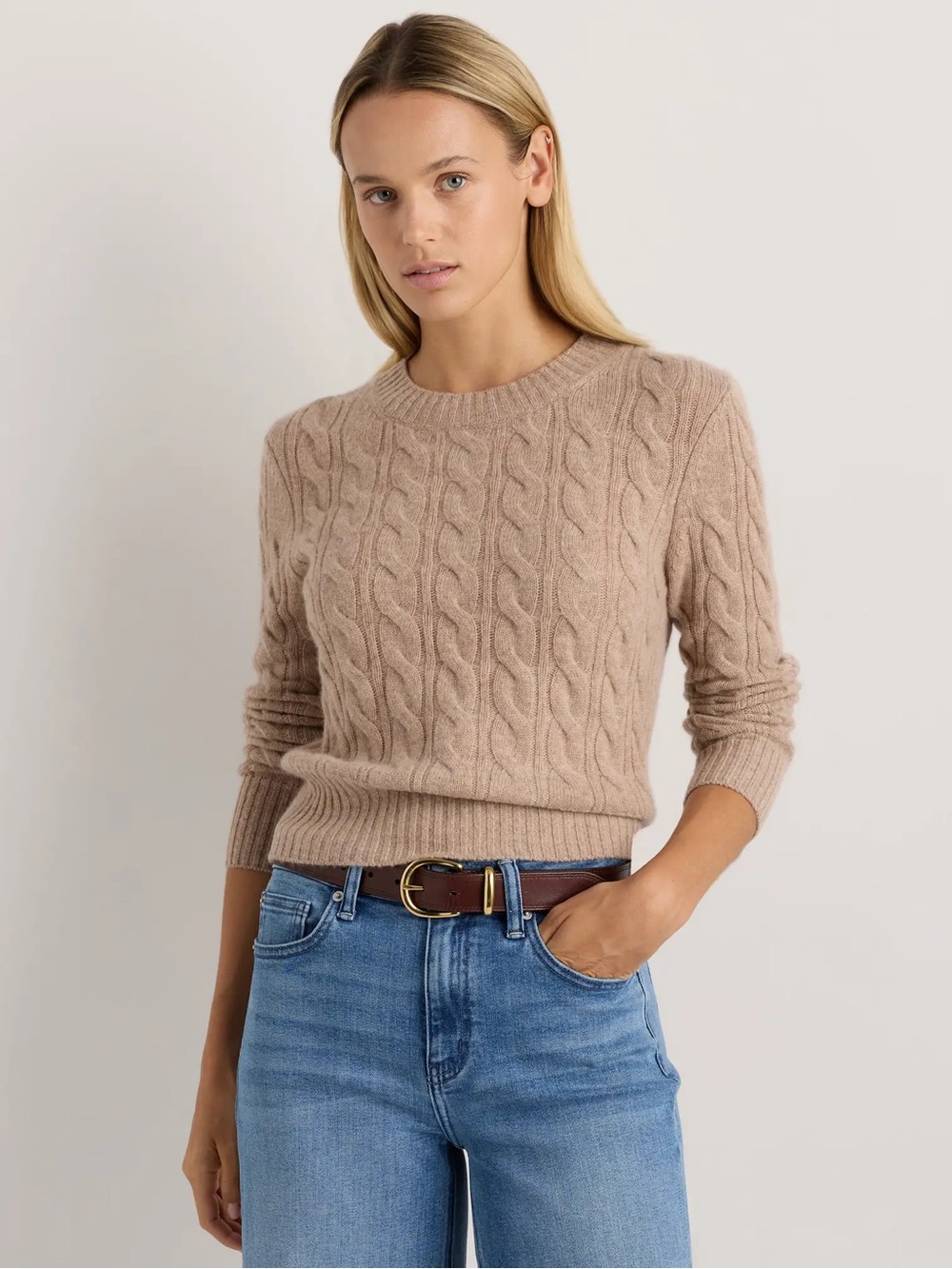 Quince Mongolian Cashmere Shrunken Cable Crewneck Oatmeal L